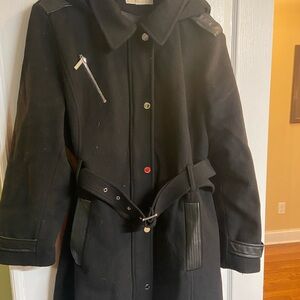 Michael Kors Black Belted Wool Winter Coat with Leather Accents